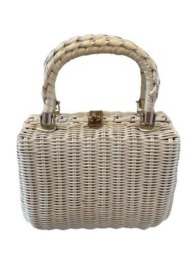 Vintage 60s Lesco Lona White Wicker Rattan Basket Purse Braided Handles Tote